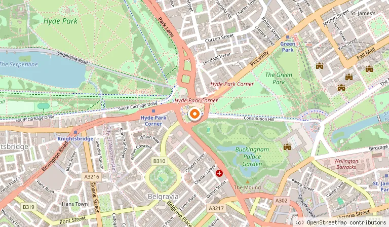 Map showing the location of Wellington Arch in London