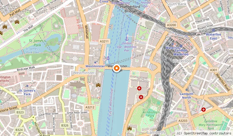 Map showing the location of Westminster Bridge in London