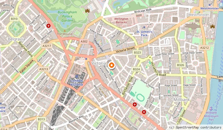 Map showing the location of Westminster Cathedral in London