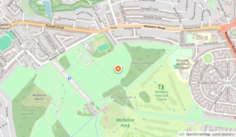 Map showing the location of Wollaton Hall, Gardens and Deer Park in Nottingham