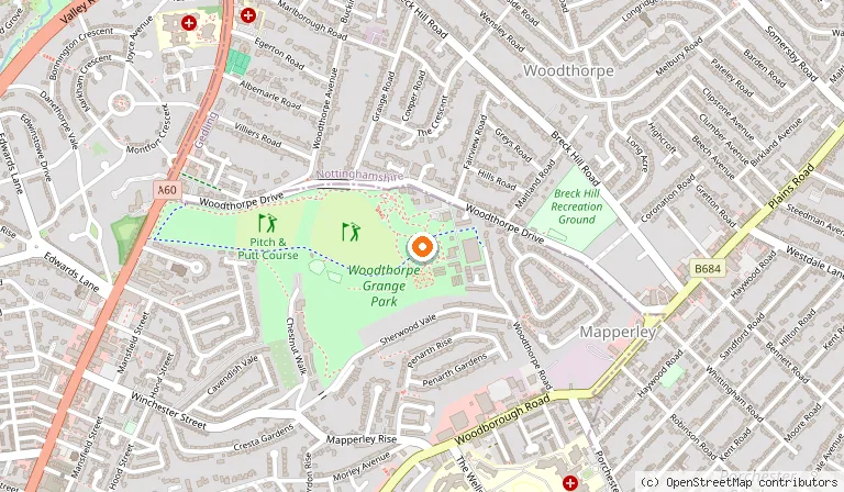 Map showing the location of Woodthorpe Grange Park in Nottingham